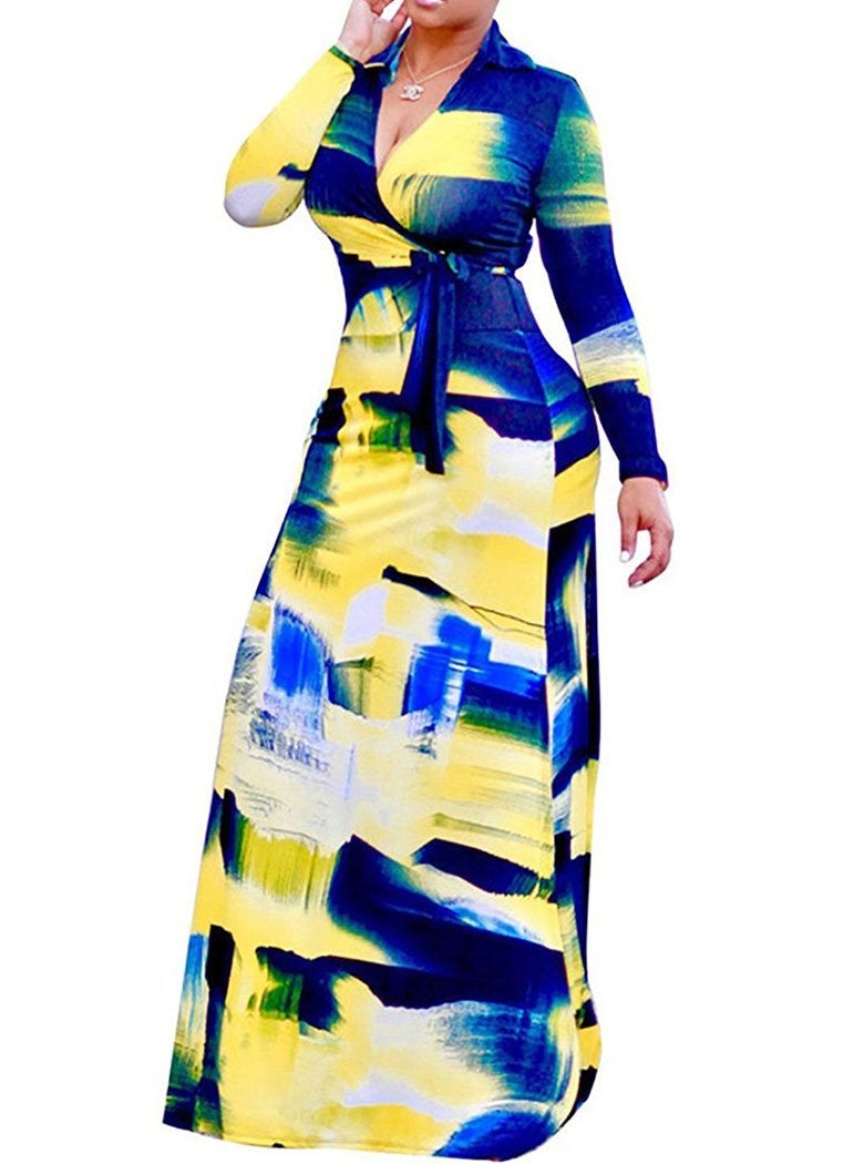 Locryz Women's V Neck 3/4 Sleeve Digital Printed Loose Long Maxi Party Dress with Belt (XL, Blue 1) - Image 1